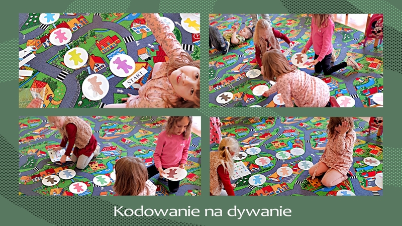Dzieci kodują na dywanie drogę misia według podanego wzoru.