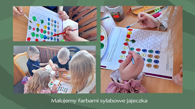 Dzieci malują farbami sylabowe jajeczka na kartce papieru.