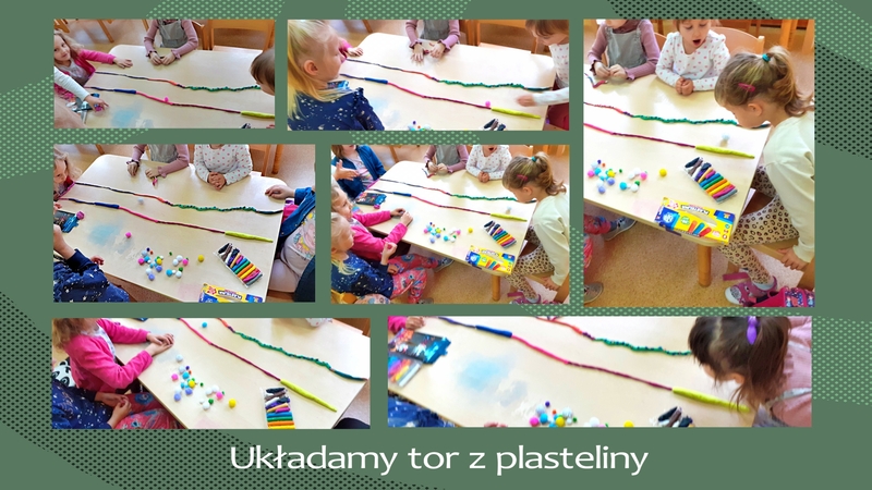 Dzieci układają tor z plasteliny.