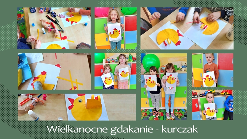 Dzieci wyklejają na papierze żółtego kurczaka.