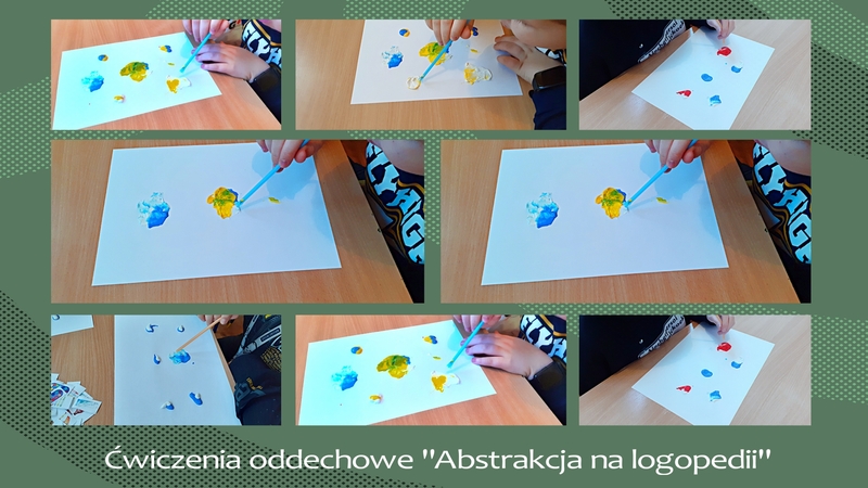 W ramach ćwiczeń oddechowych dzieci wydmuchują porcje farby przez plastikową rurkę na białą kartkę.