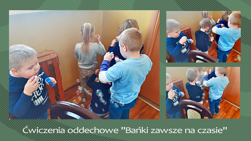 W ramach ćwiczeń oddechowych dzieci tworzą mydlane bańki.