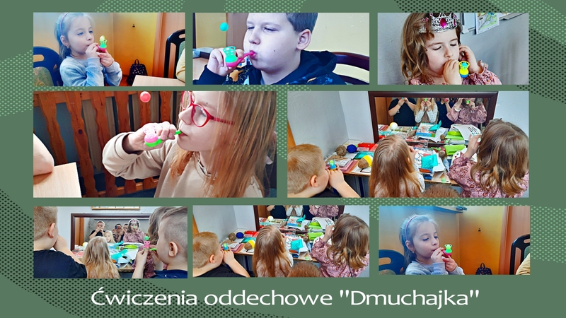 W ramach ćwiczeń oddechowych dzieci wydmuchując powietrze unoszą małą plastikową piłeczkę.