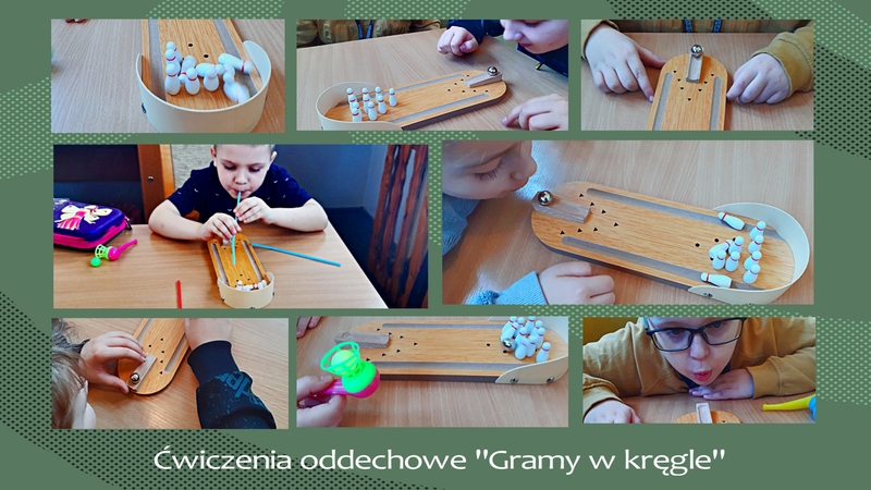 W ramach ćwiczeń oddechowych dzieci wydmuchiwanym powietrzem zbijają małe plastikowe kręgle.