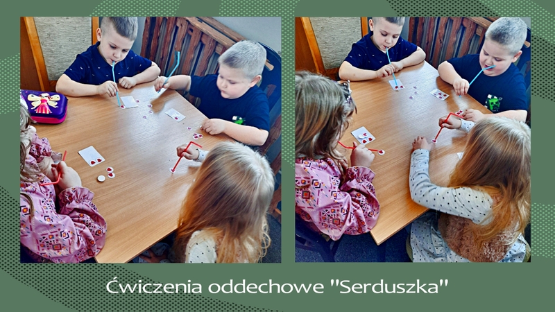 W ramach ćwiczeń oddechowych dzieci za pomocą plastikowej słomki przenoszą małe naklejki