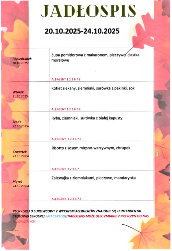 Jadłospis - 20.10-24.10.2025r.
