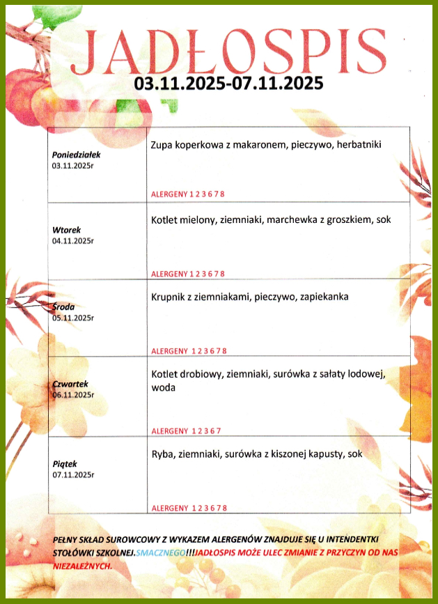 Jadłospis 03.11.2025-07.11.2025 - PSP w Krzętowie