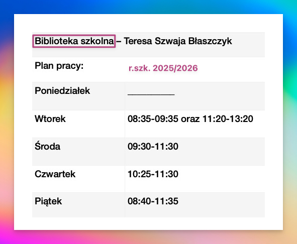 Plan pracy biblioteki szkolnej – 2025/2026