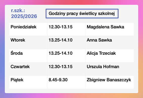 Godziny pracy świetlicy szkolnej 2025/2026