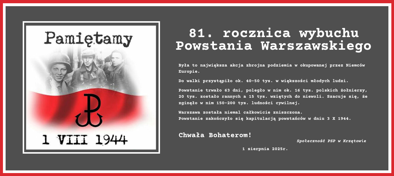 Baner - 81. rocznica wybuchu Powstania Warszawskiego - Pamiętamy - 1 sierpnia 2025r. - PSP w Krzętowie