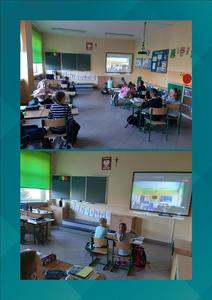 - Na zdjęciach widzimy uczniów klasy 2b, którzy poprzez aplikację Teams łączą się z klasą 2a by wspólnie odgadywać zagadki dotyczące postaci bajkowych