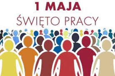 Postacie ludzi i napis 1 Maja Święto Pracy