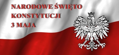 Flaga Polski z napisem Narodowe Święto Konstytucji 3 Maja