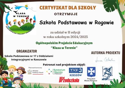 Nasza szkoła z certyfikatem za realizację projektu „Klasa w terenie”!
