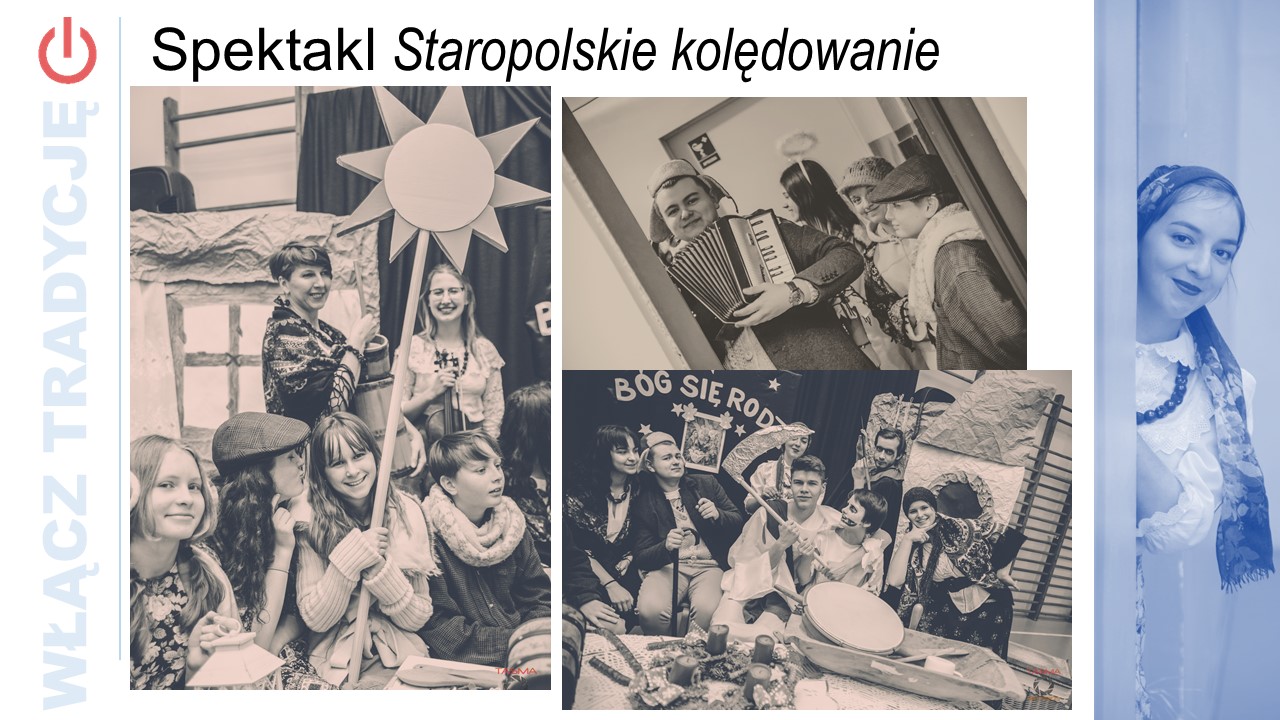 Wychowankowie na zdjęciach sepio ze spektaklu Staropolskie Kolędowanie.
