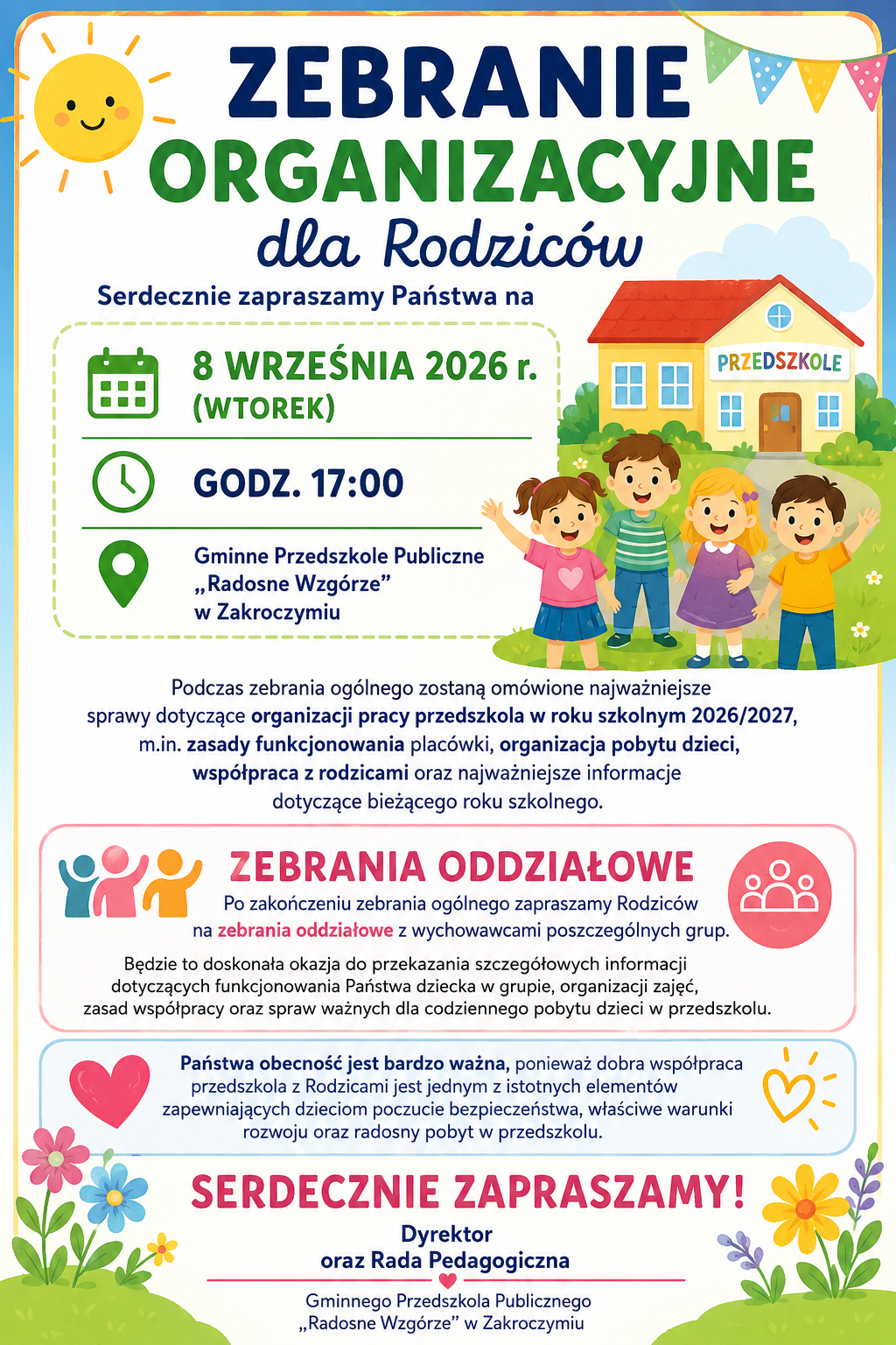 Zebranie organizacyjne z rodzicami w Gminnym Przedszkolu Publicznym Radosne Wzgórze w Zakroczymiu