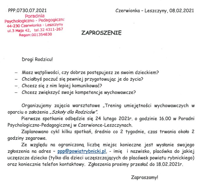 Zaproszenie do poradni na warsztaty