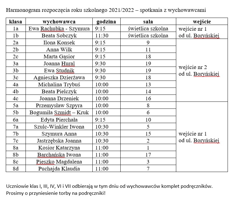 Harmonogram rozpoczęcia roku szkolnego