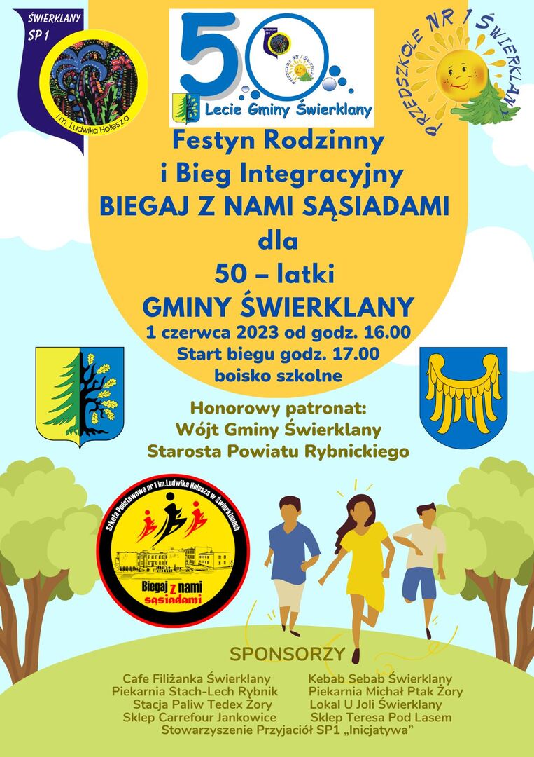 Plakat reklamujący Festyn rodzinny i bieg integracyjny z okazji 50-lecia Gminy Świerklany 1 czerwca 2023 r godz. 16.00