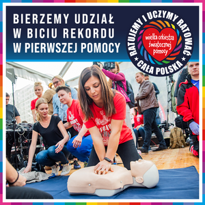 Plakat bierzemy udział w biciu rekordu w pierwszej pomocy