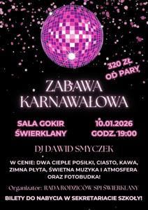 Plakat z zaproszeniem na zabawę karnawałową 2026
