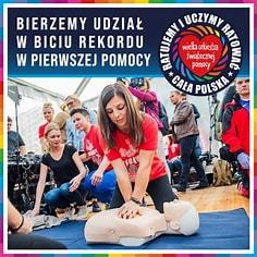 Plakat reklamujący bicie rekordu w RKO osoba uciskająca fantom