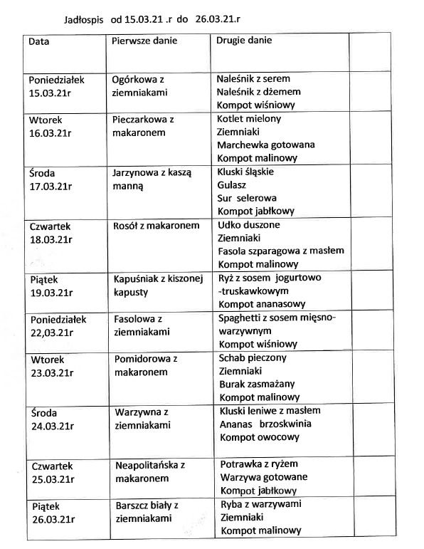 Jadłospis 15. 03 - 26. 03. 2021