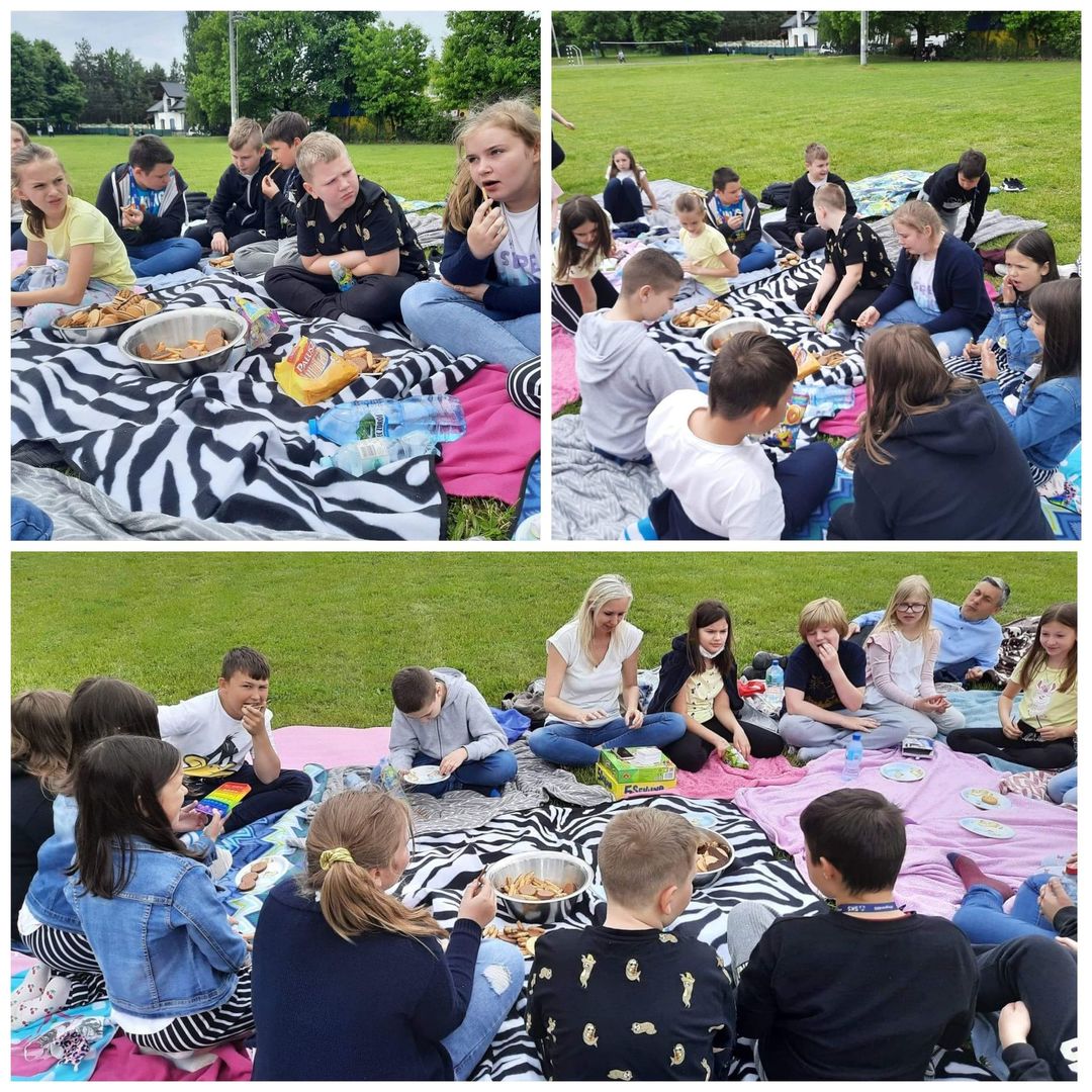 Uczniowie na klasowym pikniku w Dzień Dziecka.