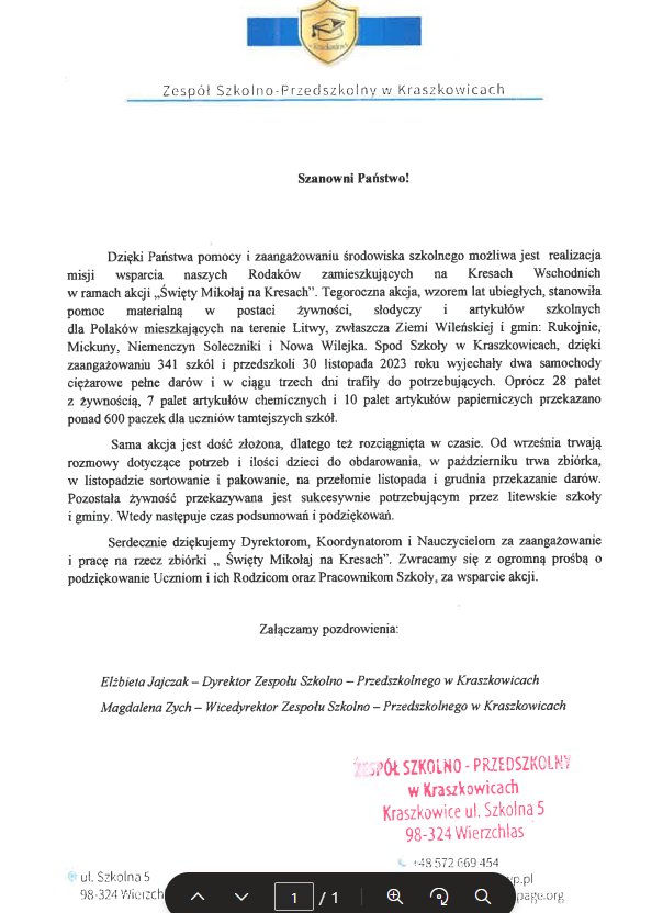 "Święty Mikołaj na Kresach" - podziękowanie