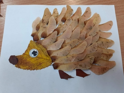 Praca plastyczna przedstawiająca jeża, wykonana z klonowych „nosków”.