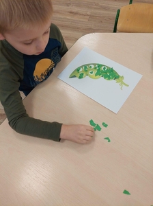 Chłopiec siedzi przy stole i wykleja warzywo – groszek.