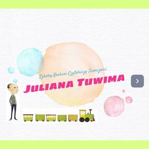 Zdjęcie przedstawia slajd z prezentacji, na którym zamieszczony jest tytuł naszego konkursu - Szkolny Konkurs Czytelniczy Twórczości Juliana Tuwima. 