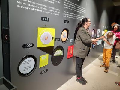 Pani przewodnik pokazuje zwiedzającym wynalazki na Linii czasu.