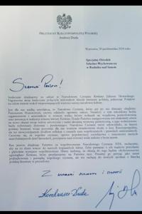 Treść listu od Prezydenta RP