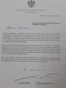 Podziękowanie od Prezydenta RP dla SOSW za włączenie się do Narodowego Czytania 2025.