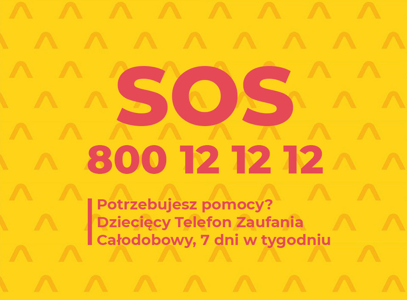 Czerwony napis na żółtym tle, z numerem Dziecięcego Telefonu Zaufania 800121212