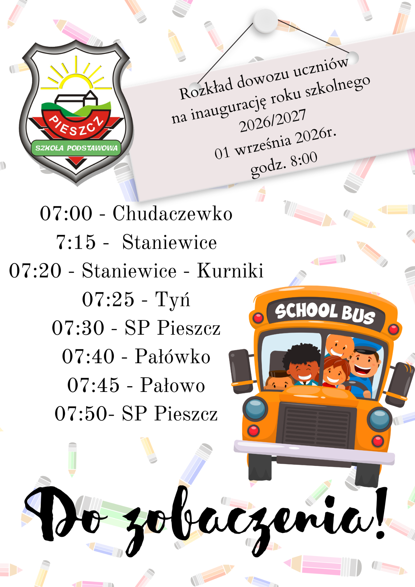 Rozkład dowozu uczniów na inaugurację roku szkolnego w Szkole Podstawowej w Pieszczu