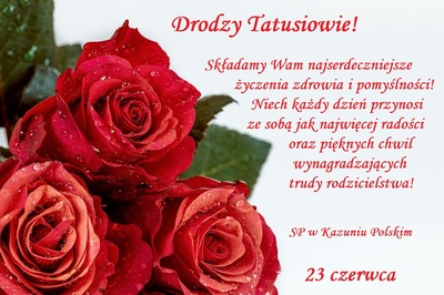 Na białym tle plakatu zamieszczone są czerwone róże wraz z treścią życzeń