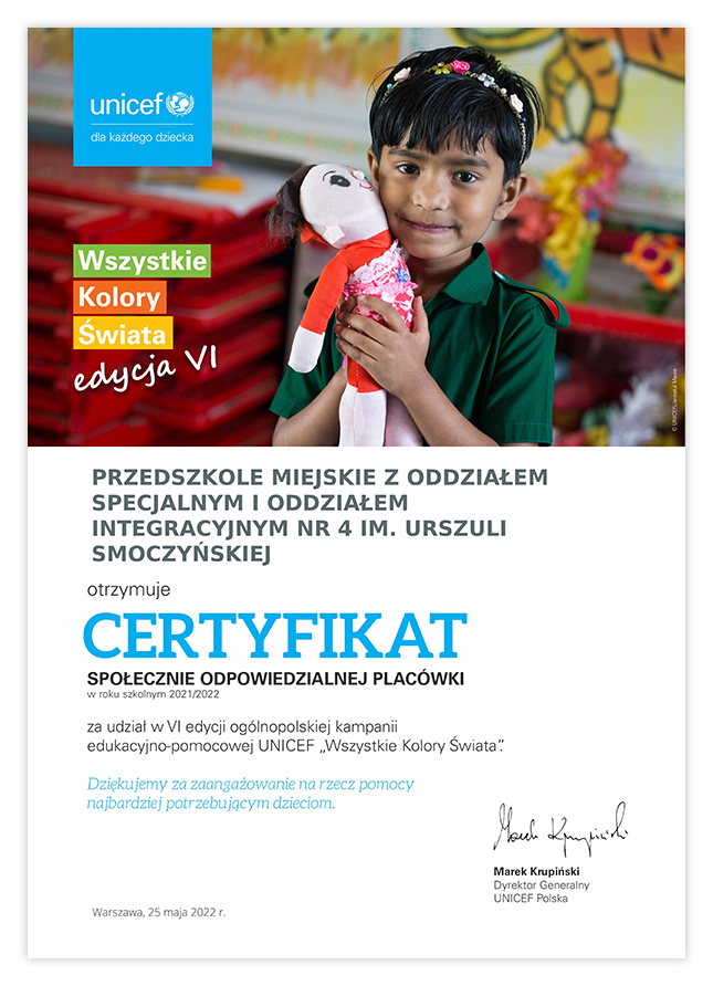 Certyfikat UNICEF - Wszystkie Kolory Świata