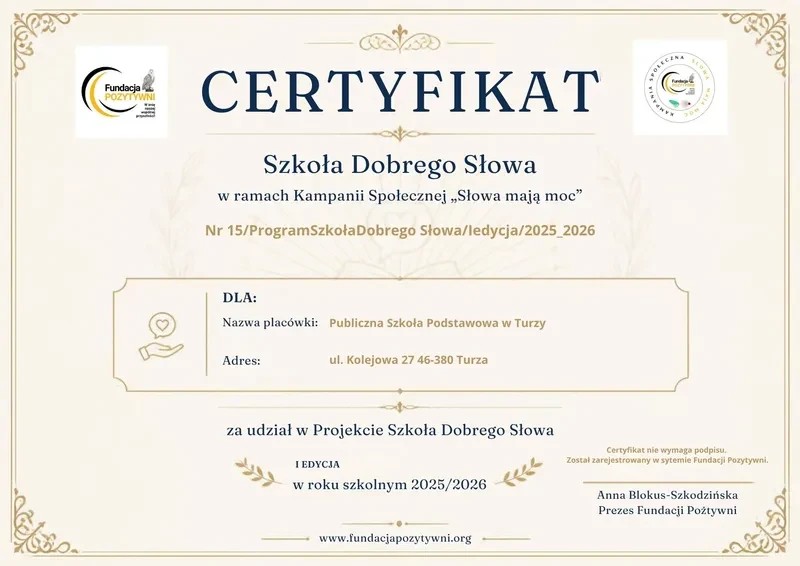 Publiczna Szkoła Podstawowa w Turzy uzyskała status „Szkoły Dobrego Słowa”