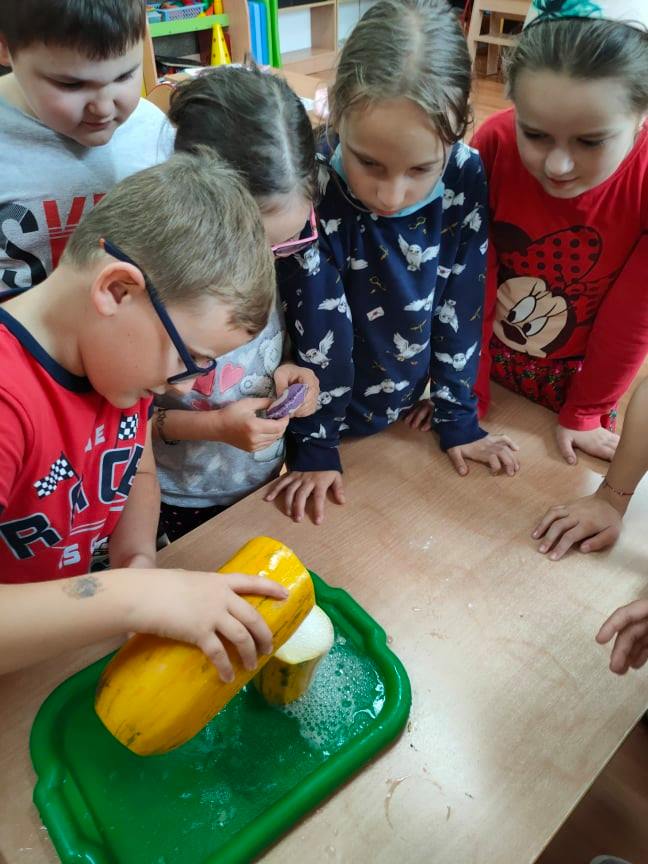 Na pierwszym planie uczeń przelewający przygotowaną mieszankę do wydrążonej cukinii doprowadzając do reakcji chemicznej - wydobywania się piany. Wokół obserwujący uczniowie II i III klasy opierający się na ławce.