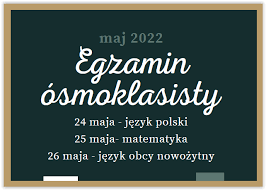 Tablica z napisem maj 2022 Egzamin ósmoklasisty oraz daty egzaminów z poszczególnych przedmiotów.
