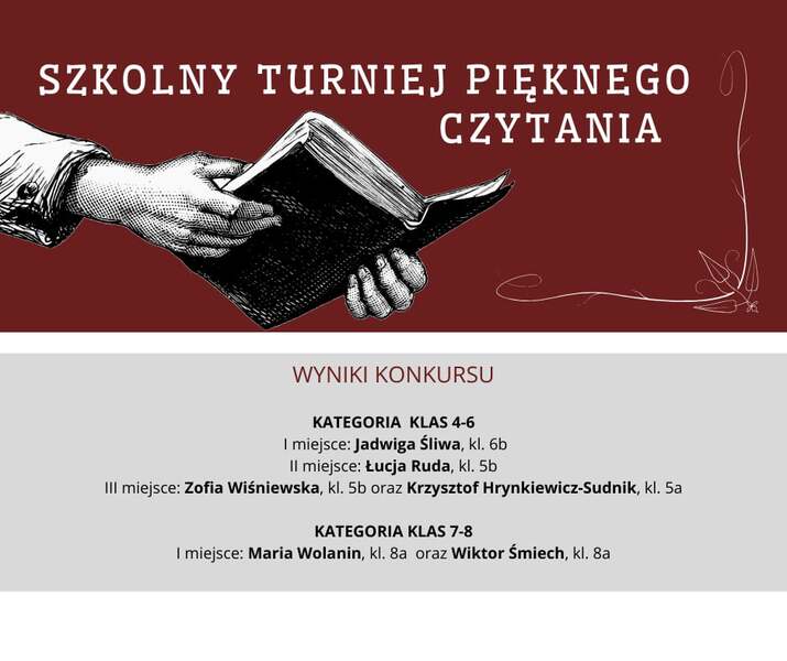 SZKOLNY TURNIEJ PIĘKNEGO CZYTANIA WYNIKI KONKURSU  KATEGORIA KLAS 4-6   I miejsce: Jadwiga Śliwa, kl. 6b  II miejsce: Łucja Ruda, kl. 5b  III miejsce: Zofia Wiśniewska, kl. 5b oraz Krzysztof Hrynkiewicz-Sudnik, kl. 5a  KATEGORIA KLAS 7-8 I miejsce:  Maria Wolanin, kl. 8a oraz Wiktor Śmiech, kl. 8a