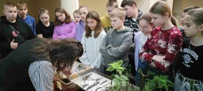 Uczniowie zwiedzają muzeum przyrodnicze