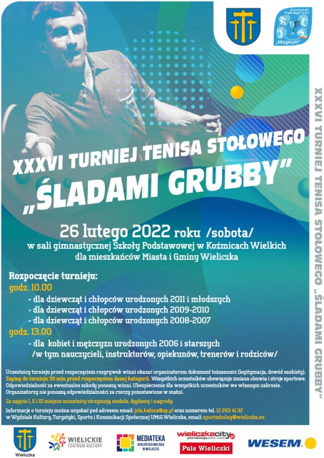 Miasto i Gmina Wieliczka
Uczniowski Klub Sportowy „MAGNUM” w Koźmicach Wielkich
zapraszają na
XXXVI TURNIEJ TENISA STOŁOWEGO
„ ŚLADAMI GRUBBY ”
Turniej odbędzie się 26 lutego 2022 roku (sobota),
w sali gimnastycznej w Szkole Podstawowej w Koźmicach Wielkich.
Zapraszamy mieszkańców Miasta i Gminy Wieliczka
Rozpoczęcie Turnieju :
godz. 10.00
dla dziewcząt i chłopców szkół podstawowych ur. w roku 2011 i młodszych;
dla dziewcząt i chłopców szkół podsta