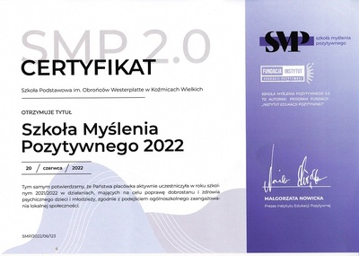 Certyfikat udziału w Ogólnopolskim Programie „Szkoła Myślenia Pozytywnego 2.0"