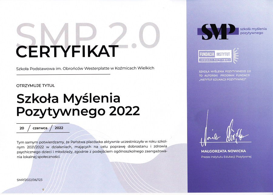 Certyfikat udziału w Ogólnopolskim Programie „Szkoła Myślenia Pozytywnego 2.0"