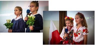 Dziewczynki z klasy I a i IV a - zdobywczynie I miejsca w konkursie pieśni patriotycznych