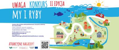 Plakat konkursu "My i ryby" przeznaczonego dla uczniów szkół podstawowych. Termin składania prac - 3 marca 2023r. 
Pracę konkursową wraz z formularzem zgłoszenia należy przesłać w formie plików
elektronicznych (wymogi techniczne: format .pdf, .jpg lub .png) na adres:
MYIRYBY@minrol.gov.pl.