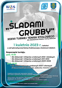 Miasto i Gmina Wieliczka, Wielicki Ośrodek Sportu oraz Uczniowski Klub Sportowy „MAGNUM” w Koźmicach Wielkich zapraszają na  XXXVII TURNIEJ TENISA STOŁOWEGO „ ŚLADAMI GRUBBY ”

Turniej odbędzie się 1 kwietnia 2023 roku (sobota),  w sali gimnastycznej w Szkole Podstawowej  w Koźmicach Wielkich.

Zapraszamy  mieszkańców Miasta i Gminy Wieliczka

Rozpoczęcie Turnieju :
godz. 10.00
 dla dziewcząt i chłopców szkół podstawowych ur. w roku 2012 i młodszych;    
dla dziewcząt i ch